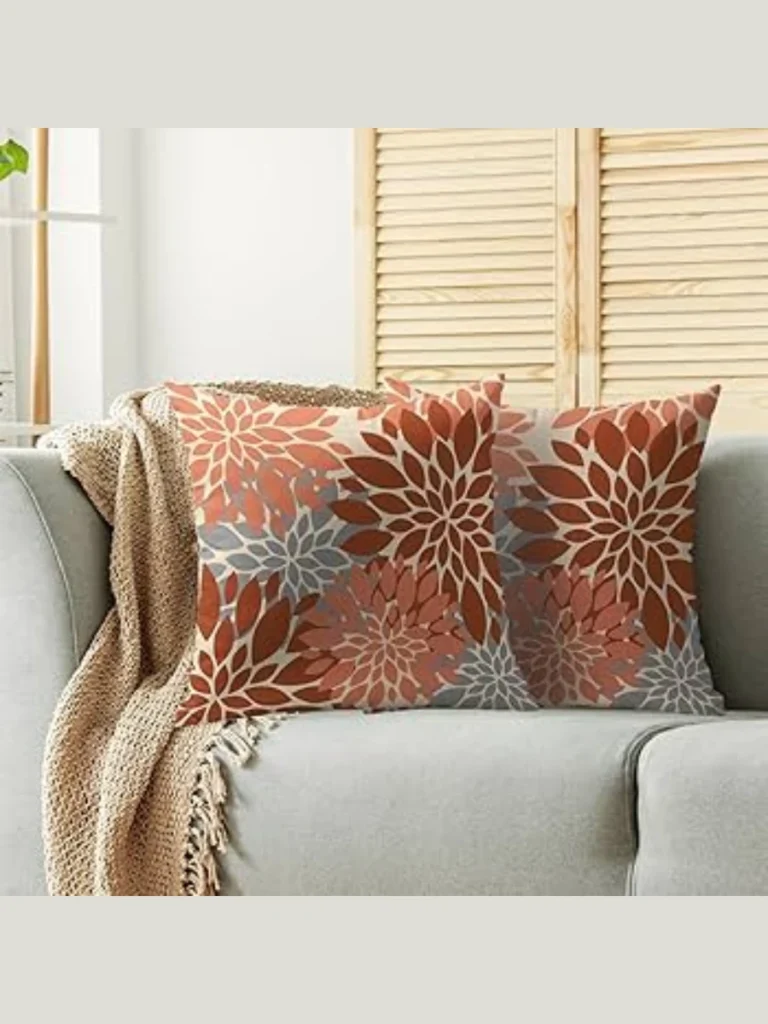 Layer Sun Dahlia Orange Damask Prints with Solid Charcoal Linen and a Cream Waffle Weave