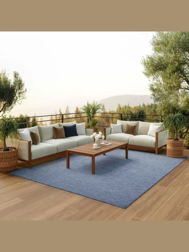 Layer a Navy Blue Flatweave Rug Beneath Dining Sets Poolside