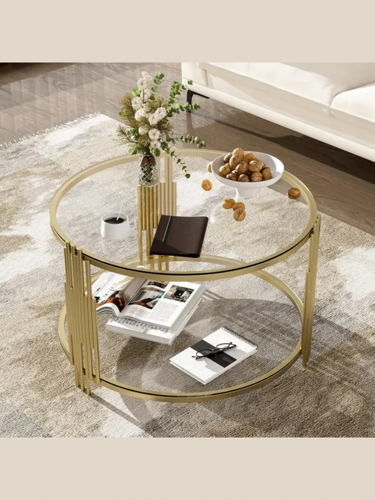 Layer a Round Framed Gold Circle Mirror Flat Down as a Reflective Center Staging Base