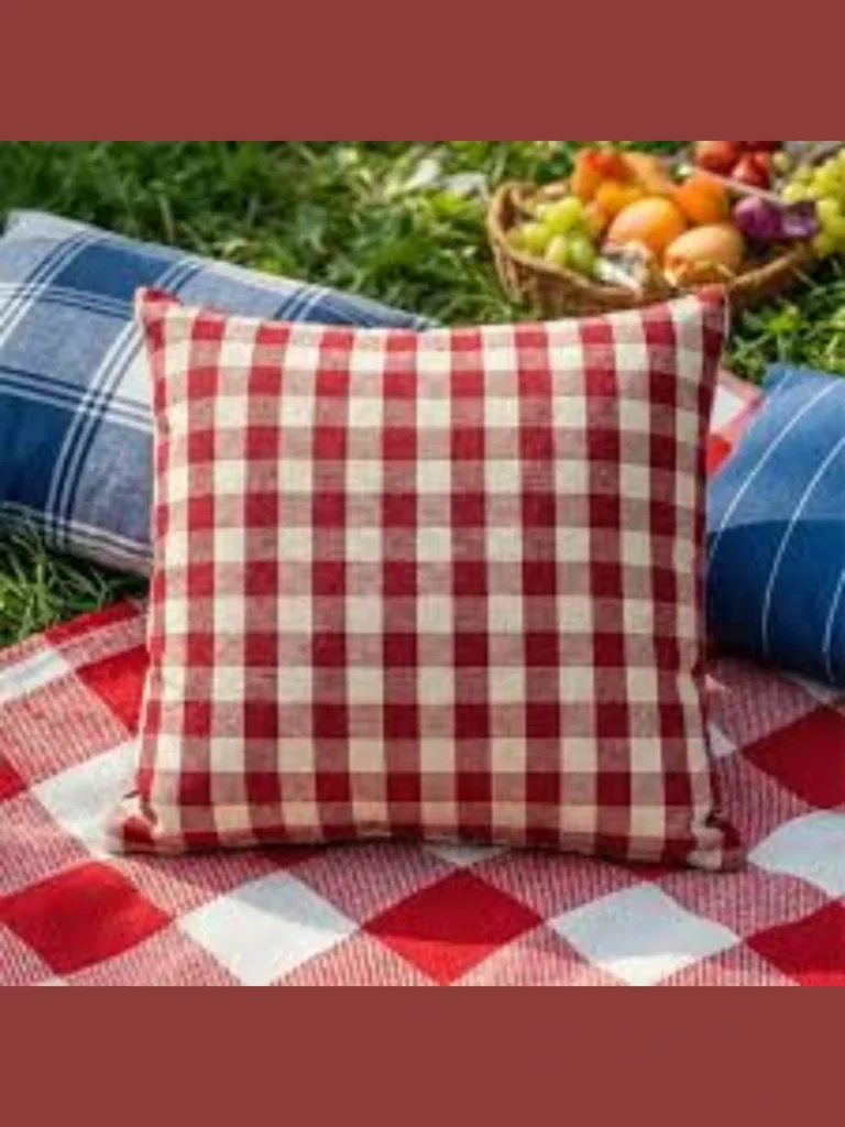 Mix Crimson Red Gingham Plaid with Solid Royal Blue Duck Canvas and a White Star Lumbar