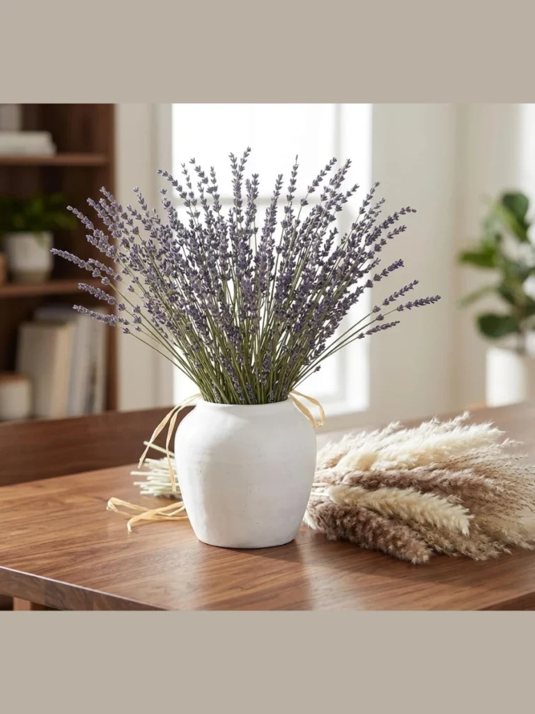 Mix Pale Lavender Dried Flower Bundles with Clean White Marble Bookends on Center Ledges