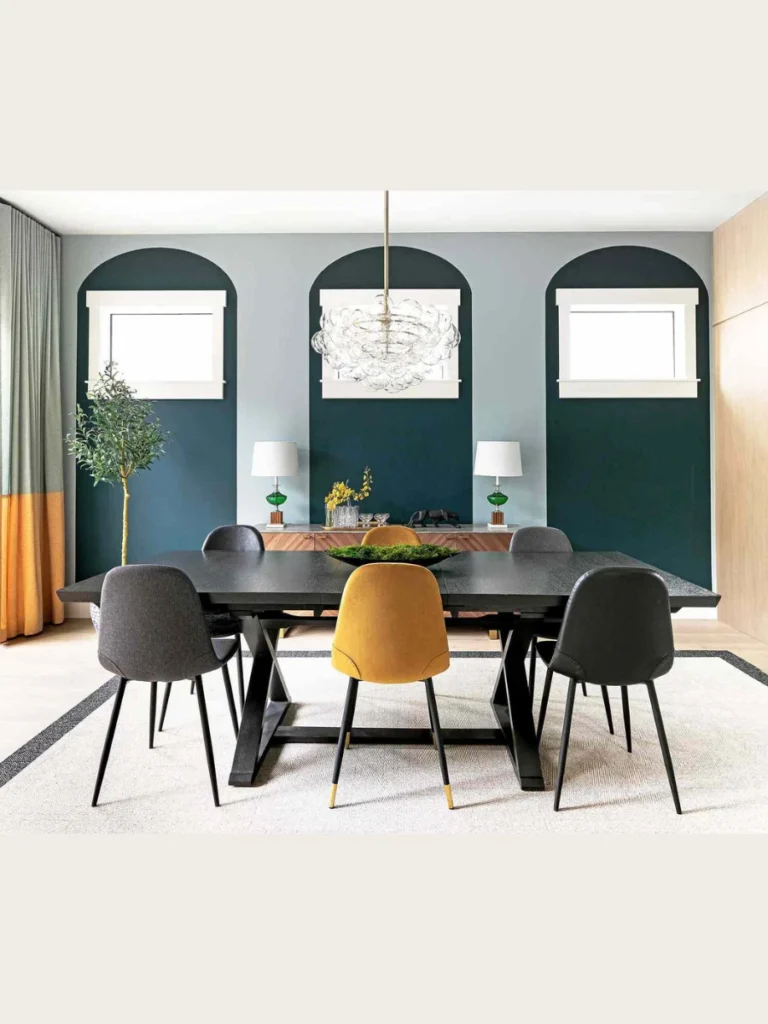 Monochromatic Block Benches Painted to Match Bold Accent Walls