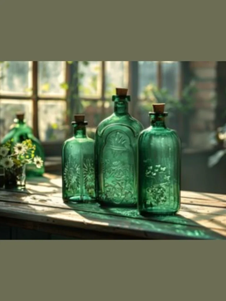 Monochromatic Forest Green Glass Bottles For Wooden Long Tables