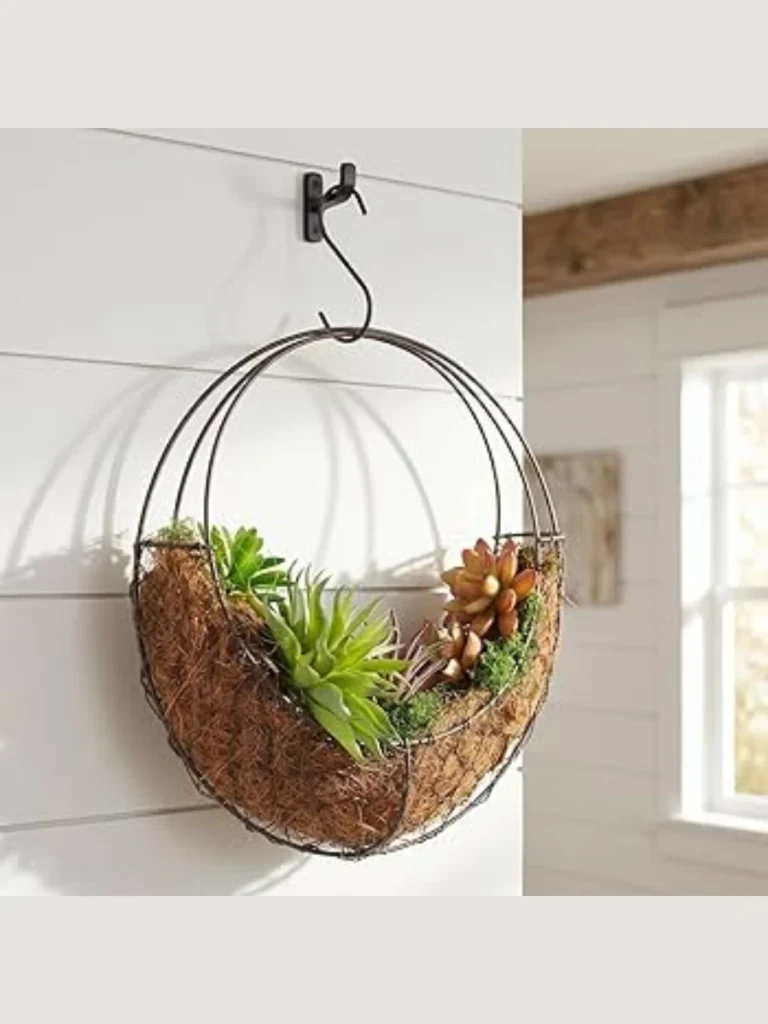 Mount Dual Flat Half Moon Metal Wall Planters Filled with Faux Dusty Miller Greenery