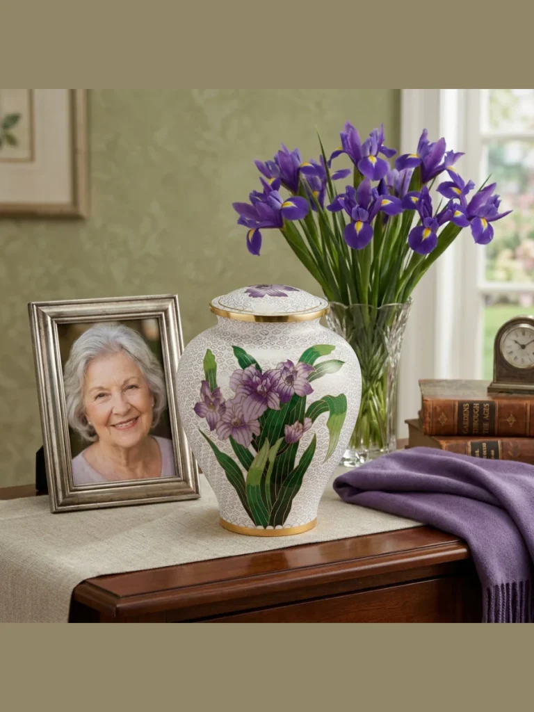 Nest Deep Purple Iris Blossoms Inside a Heavy Matte Black Ceramic Cylinder Urn