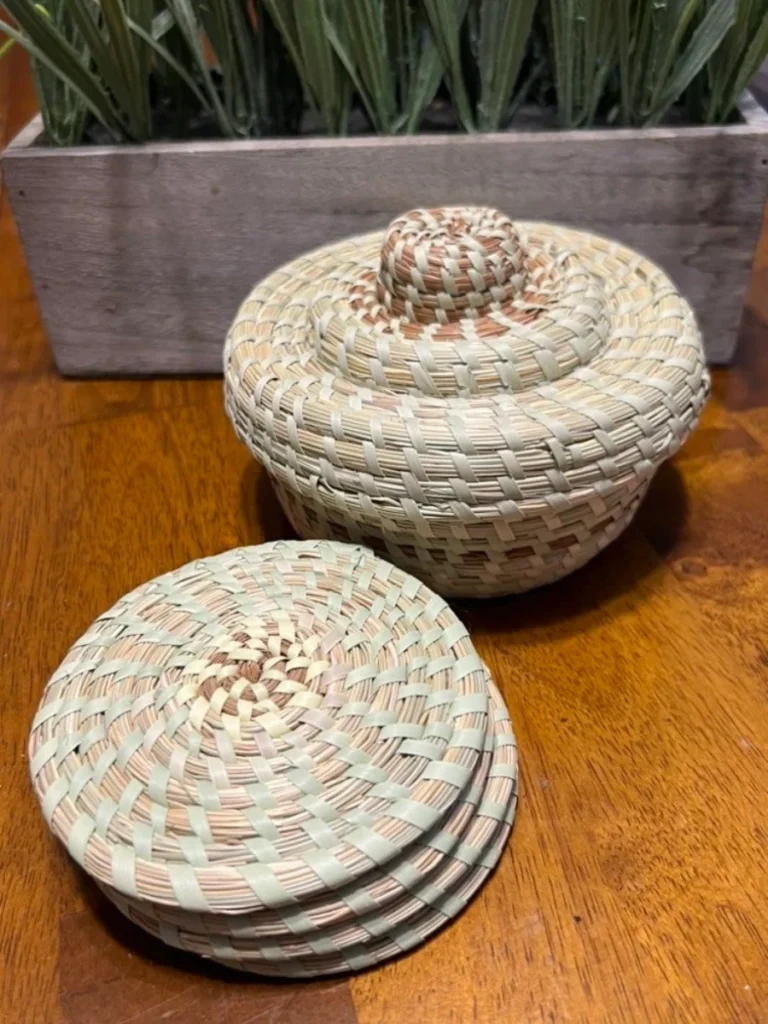 Nest Woven Sweetgrass Coasters Inside a Small Shallow White Porcelain Fruit Bowl