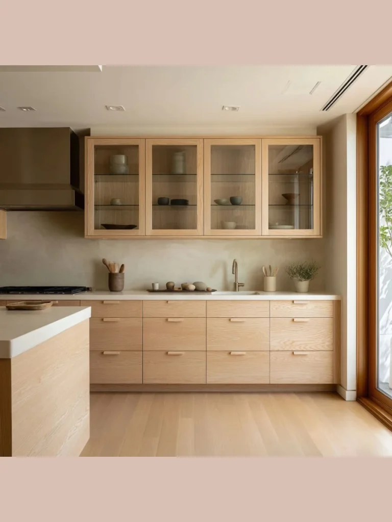 Open Framing Clear Glass Oak Cabinets with Steel Racks