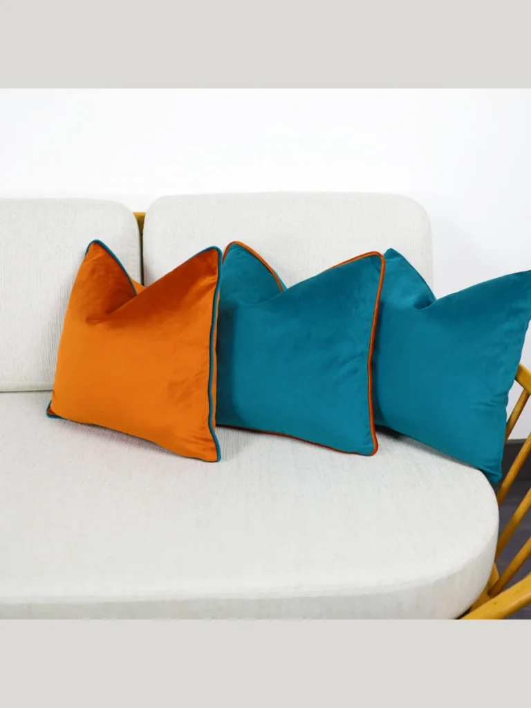 Pair Deep Teal Blue Linen with Vibrant Tangerine Orange Geometric Prints and Cream
