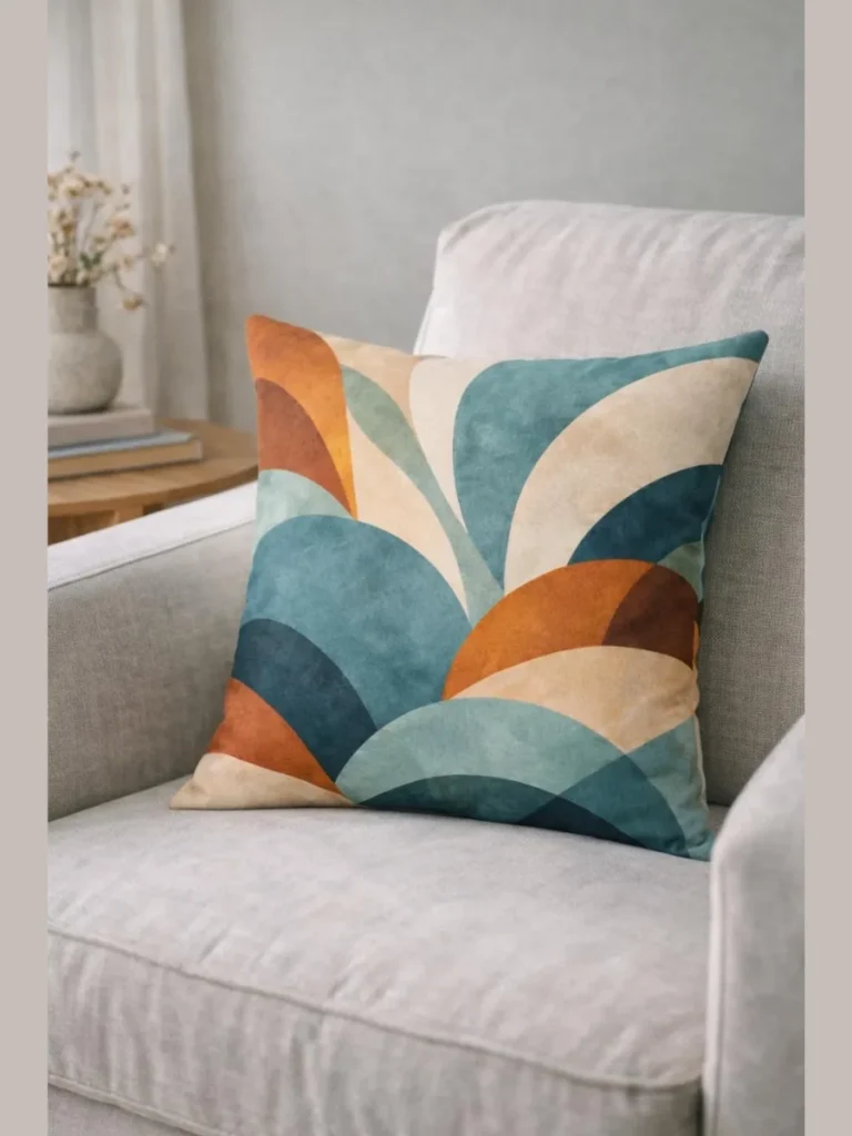 Pair Rich Terracotta Orange Geometric Prints with Solid Teal Blue and a Cream Lumbar