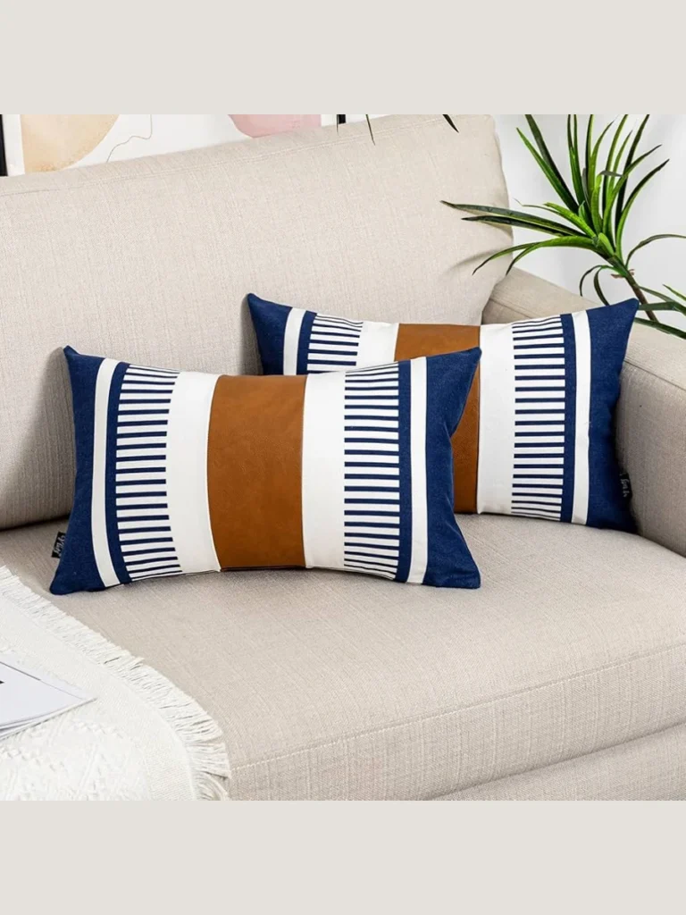Pair Solid Navy Blue Flax Linen with Crisp White Yacht Stripes and a Tan Jute Lumbar