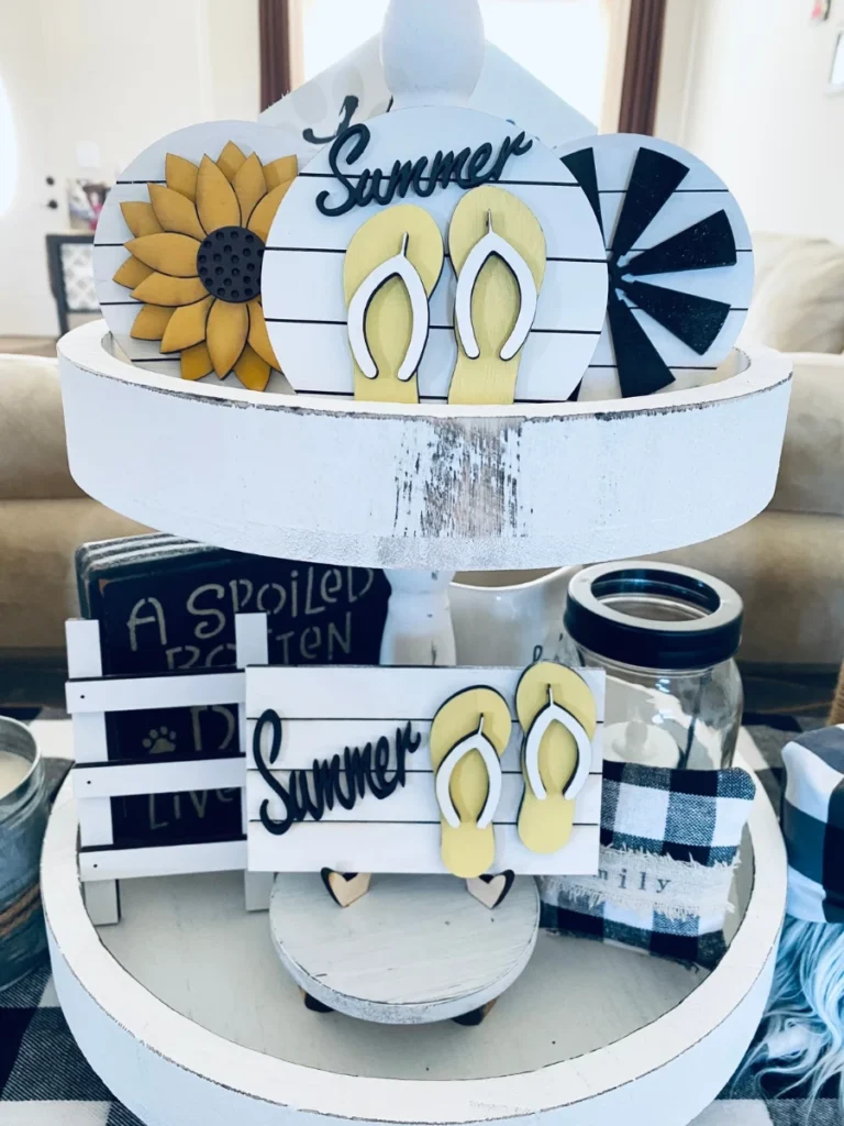 Place a Miniature Wood Shiplap Sign with Blue Flip Flop Graphics on the Top Level