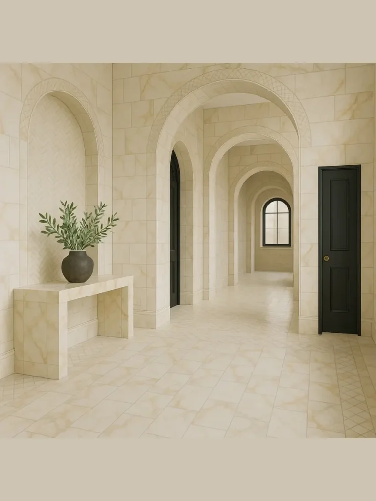 Polished Cream Stone Borders Around Honed Centers