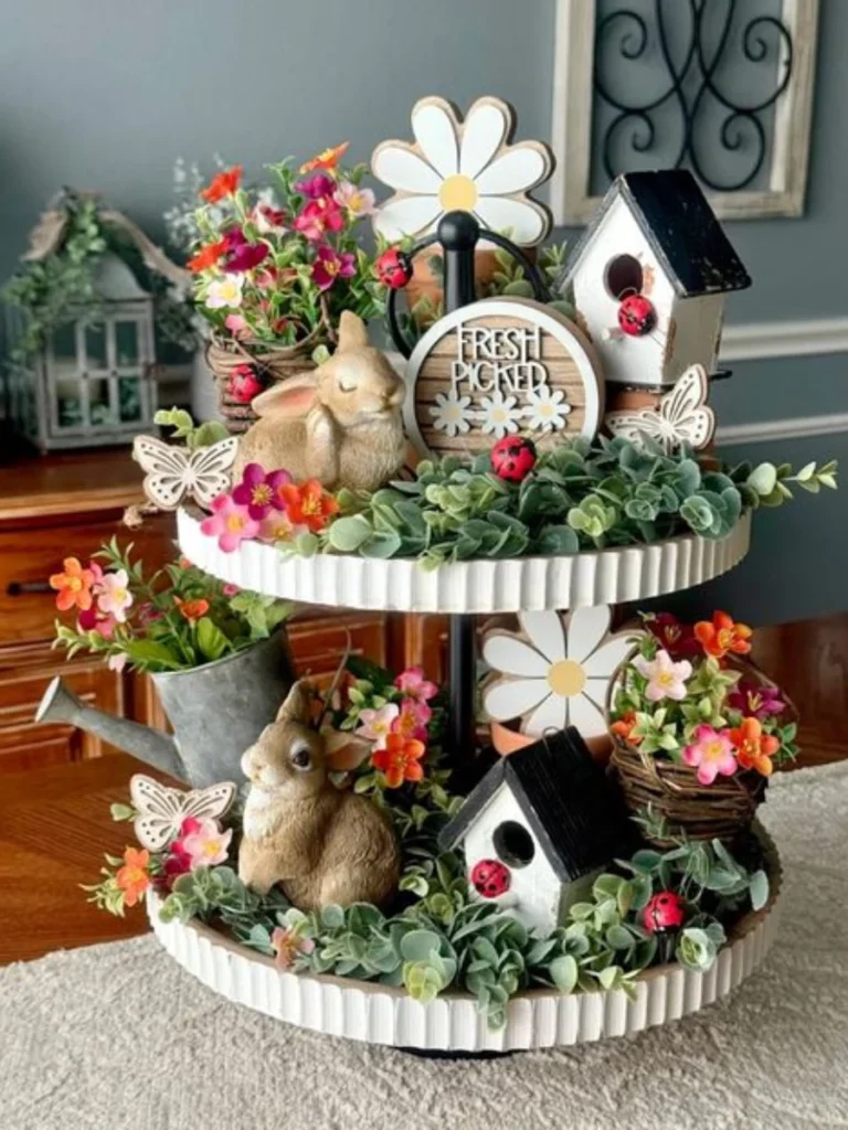 Position Three Wooden Riser Blocks Fitted with Mini Faux Strawberry Bowls for Color