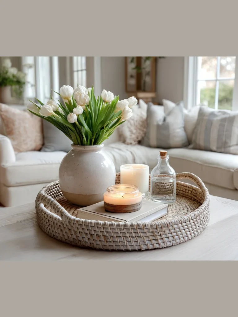 Position a Flat Round Rattan Tray Holding a Clear Glass Candle Hurricane on Sand