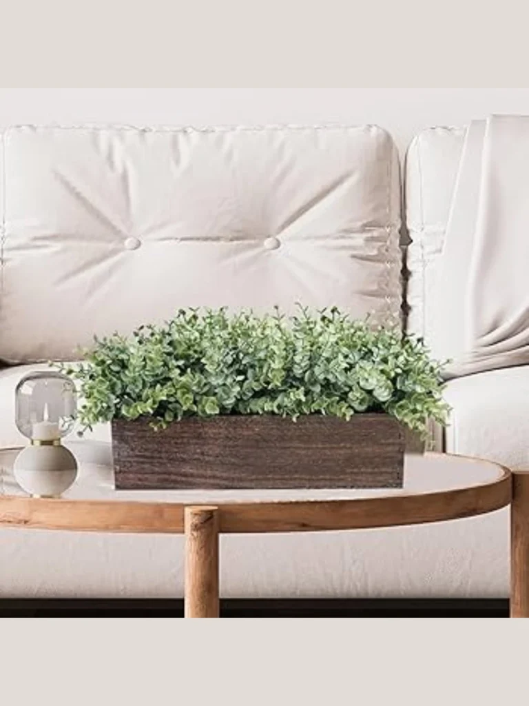 Position a Low Distressed White Wooden Planter Box Filled with Faux Green Succulents
