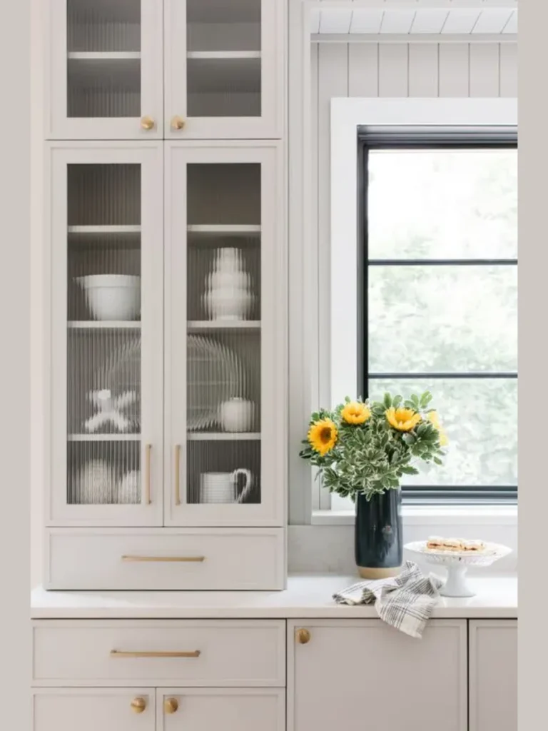 Reeded Glass Inserts in Beadboard Cabinet Backings