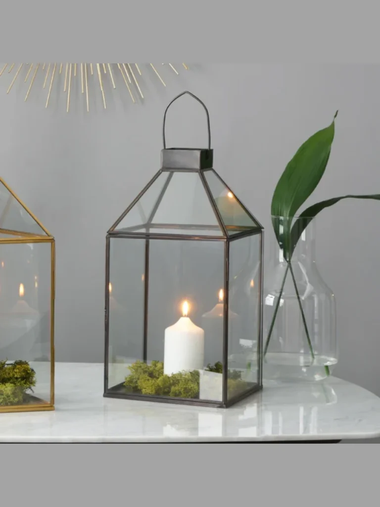 Slip a Pierced Tin Sheet Wrapper Inside a Square Clear Glass Candle Lantern Box Frame