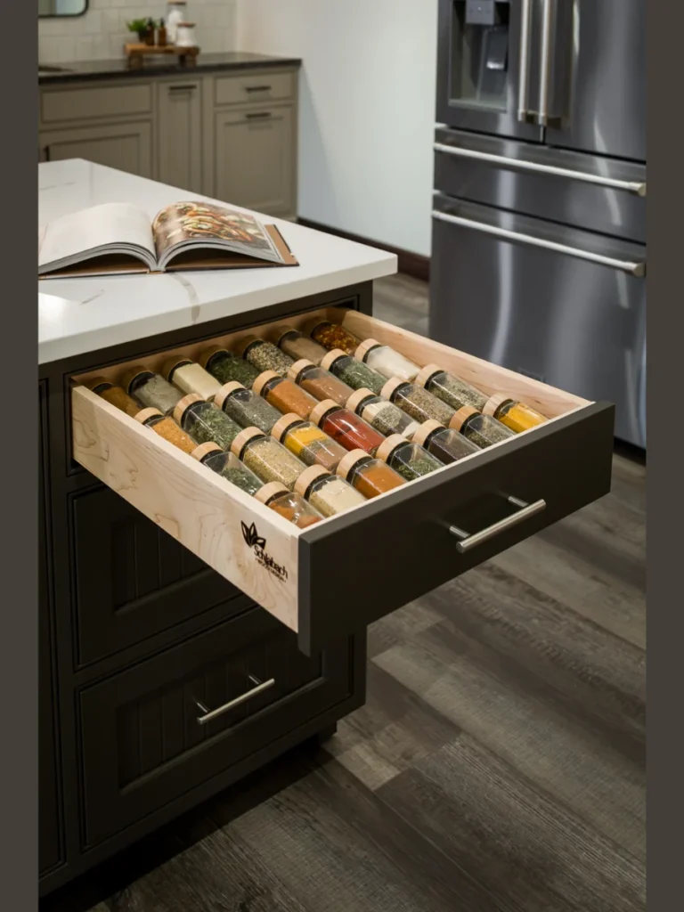 Specialized Deep Walnut Spice Trays inside Metal Drawers