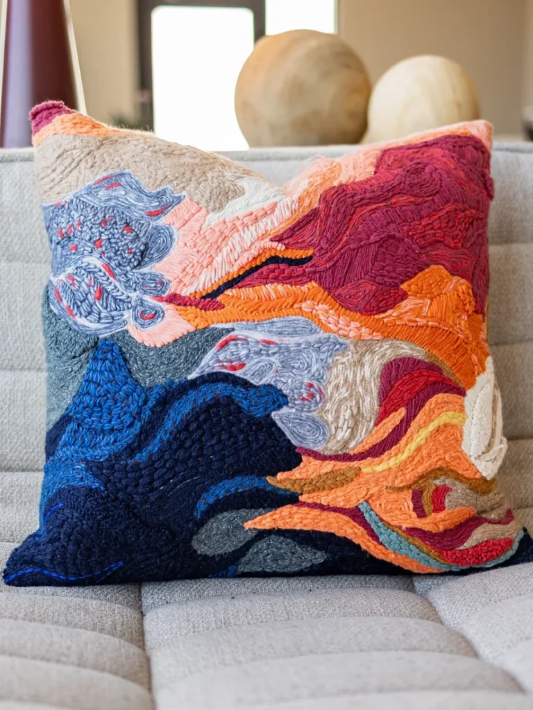 Stagger Multi Color Abstract Brushstroke Prints with Solid Coral Silk and Grey Linen