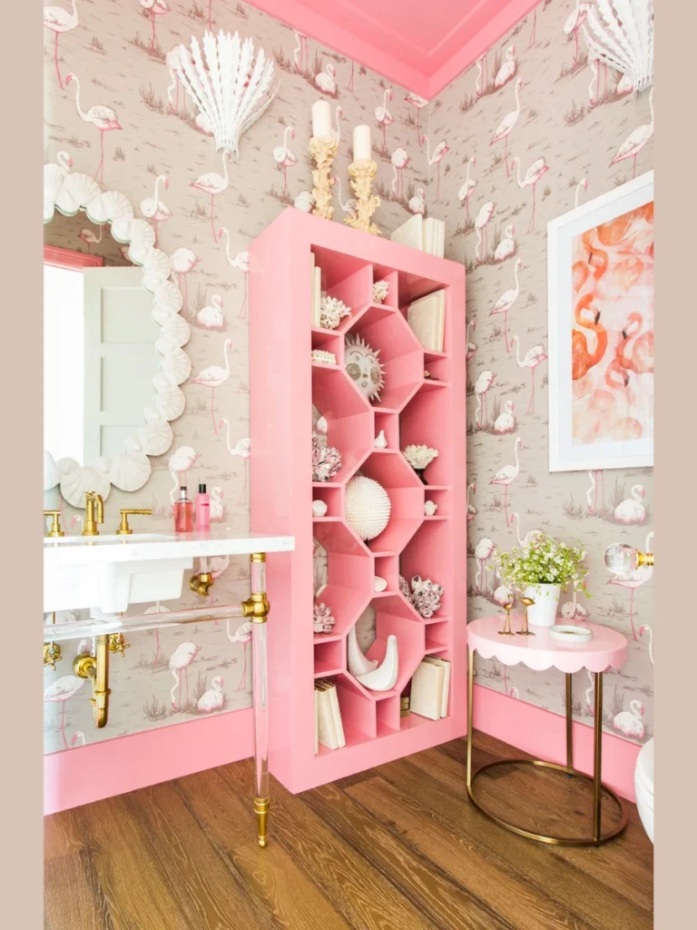 Style Bathroom Shelves with Bright Flamingo Pink Bath Towels