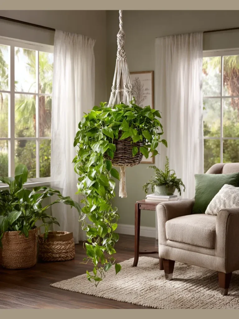 Suspend a Lightweight Macrame Plant Hanger with a Trailing Pothos Vine