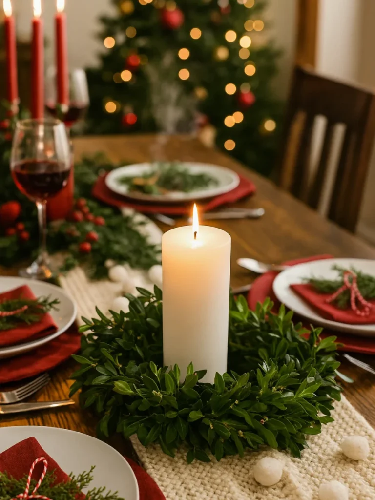 Twist a Flexible Strand of Artificial Boxwood Leaf Garland Around Three Glass Votive Cups