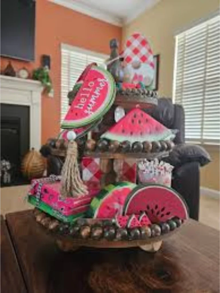 Weave Pluffy Pink Faux Watermelon Slices Across a White Wooden Bead Garland String