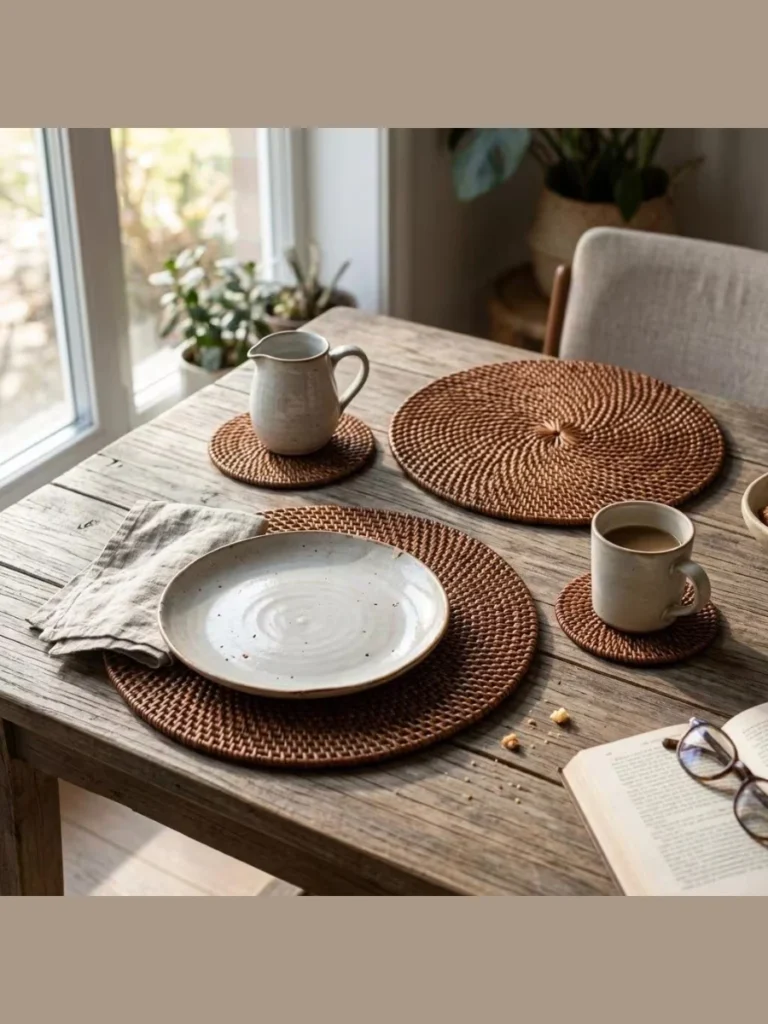 Woven Rattan Placemats with Terracotta Cotton Piping