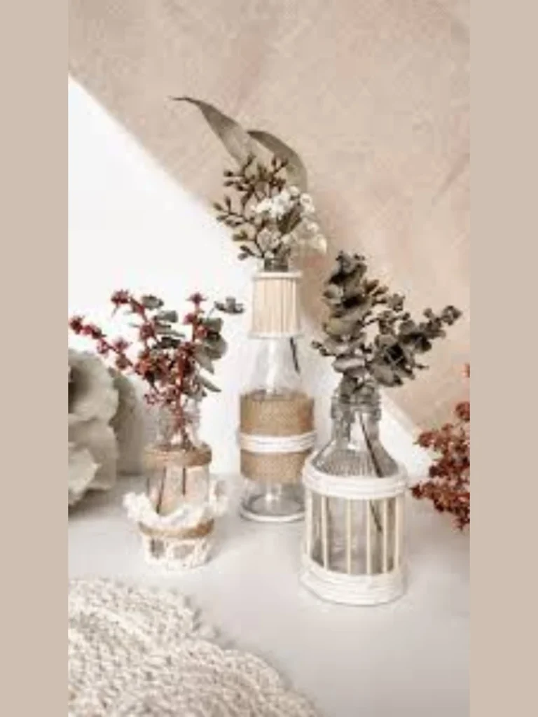 Wrap Thin Natural Jute Rope Knots Around Three Clear Vintage Glass Milk Bottles