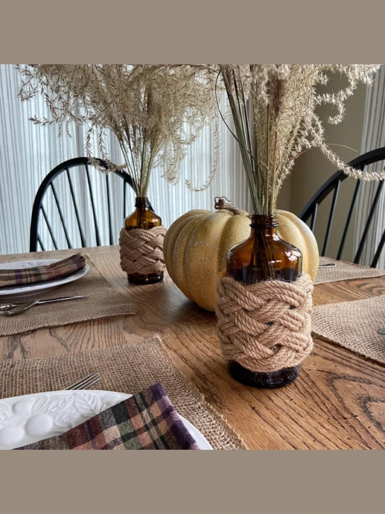 Wrap Thin Natural Jute Rope Knots Around Three Clear Vintage Glass Milk Bottles
