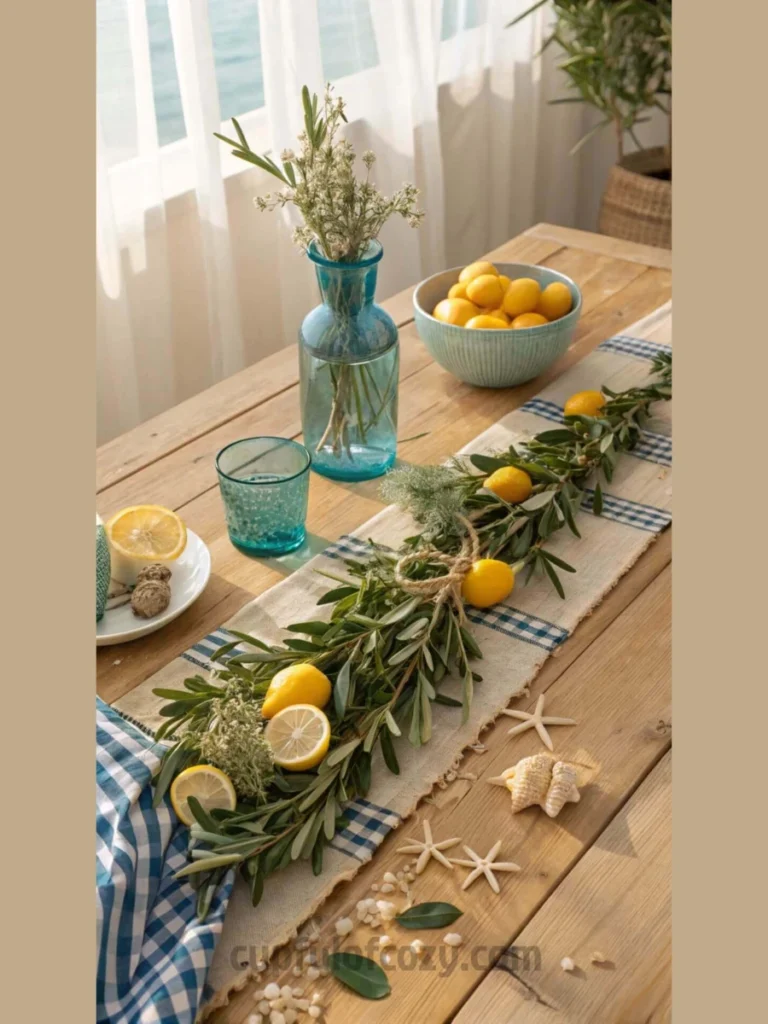 lay a flat trailing olive branch vine runner with whole fresh yellow lemons
